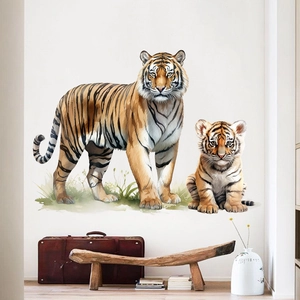 Detail of fierce tiger and cub waterproof wall sticker set for home living room decor