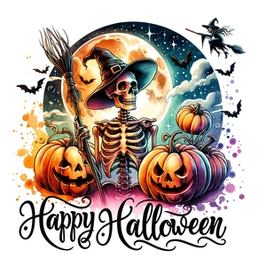 Close-up of Halloween sticker with a skeleton wearing a witch hat and pumpkins