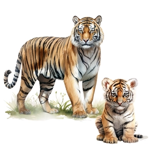 Detailed realistic watercolor mural of an adult tiger and cub for home wall decoration