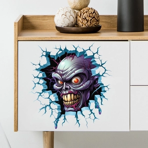 Detailed view of a 3D purple zombie wall sticker with realistic crack effect on a white cabinet