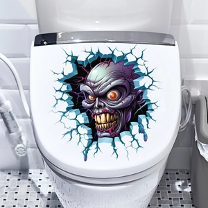 Detailed view of 3D purple zombie skull sticker on white toilet lid for Halloween decor