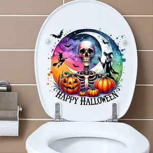 Macro detail of waterproof Halloween toilet lid decal with skull pumpkin and witch design