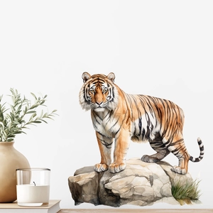 Realistic tiger wall sticker on a rock above a modern white wall decoration