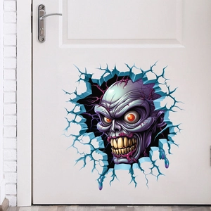 Detailed view of a 3D purple zombie monster sticker applied to a white interior door