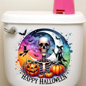 Detail of Halloween toilet sticker featuring skull, pumpkins and Happy Halloween text