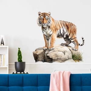Detail showing hand-painted watercolor tiger wall sticker on a minimalist white living room wall