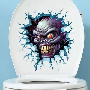 Detailed 3D visual of a scary purple zombie head wall sticker on a white toilet seat