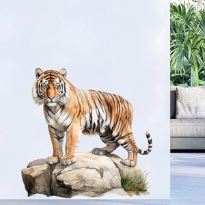 Close-up of realistic watercolor tiger wall sticker on rocks for home decor