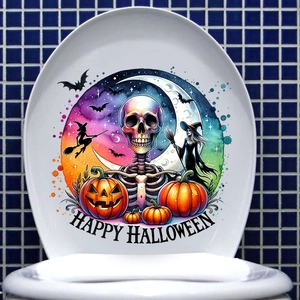 Detailed view of Happy Halloween toilet lid sticker with colorful skull and bats motif