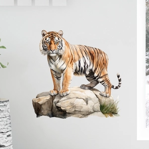 Detailed realistic watercolor tiger wall sticker on rock for home interior decoration