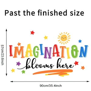 Selbstklebendes Wandtattoo mit dem Text IMAGINATION blooms here, Größe 90 cm x 57 cm