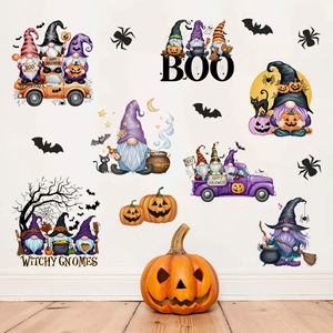 Halloween wall decals set with gnomes, pumpkins and bats for festive room decoration
