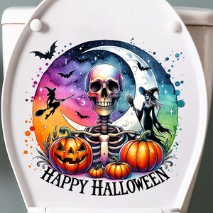 Detail of Halloween toilet lid decal featuring colorful skull and pumpkins decoration