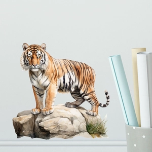 Detail view of a watercolor tiger wall sticker on a white background for home decor