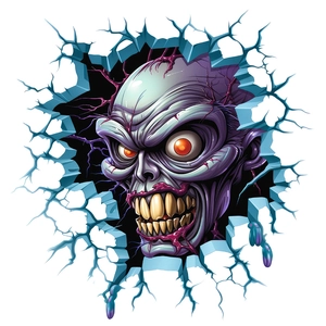 3D realistic zombie head bursting through blue wall decal sticker for Halloween decor