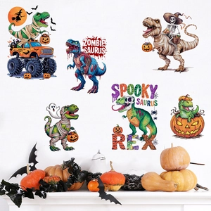 Halloween self-adhesive wall stickers with cartoon zombie dinosaurs and pumpkins