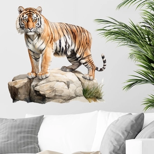 Detailed realistic watercolor tiger wall sticker on a white living room wall over a sofa