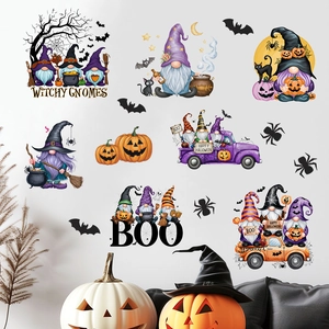 Halloween witch gnomes wall decals with pumpkins and bats for living room festive decor
