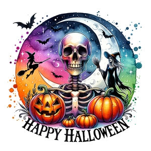 Detail of Halloween toilet sticker with rainbow watercolor skull, pumpkins and witches