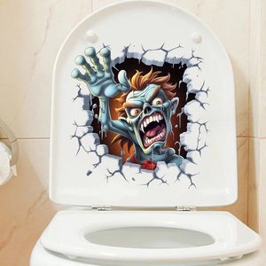 3D realistic zombie bursting through wall sticker on white toilet seat for Halloween decor