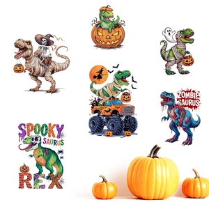 Detail showing high-quality cartoon dinosaur Halloween stickers with vibrant color patterns