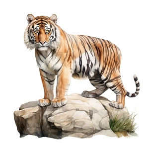 Detailed watercolor illustration of a majestic tiger standing on rocks for wall decor