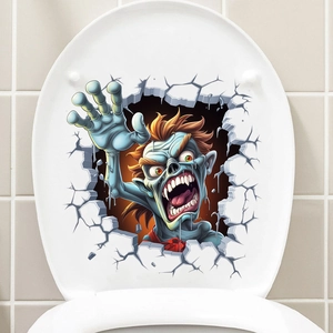 3D wall-breaking zombie monster sticker detail on a white toilet lid for Halloween