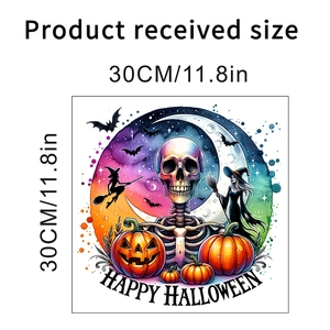 Detailed size chart of 30cm Halloween waterproof stickers with skull and pumpkin icons