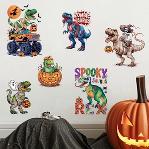 Cartoon Halloween dinosaur wall stickers with pumpkin and zombie motifs for home decoration