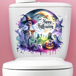 Detail of waterproof Halloween toilet sticker with watercolor skull and pumpkin moon graphics