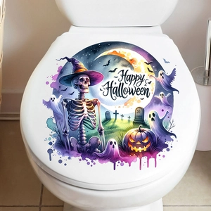 Close-up of Halloween toilet lid sticker with colorful skeleton pumpkin and ghost graphics