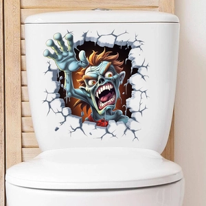 Close-up of a 3D Halloween wall breaker zombie sticker on a white toilet tank lid