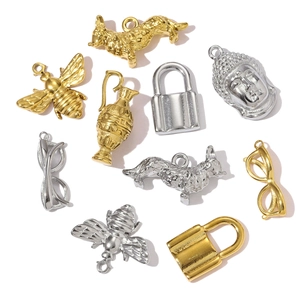 3D gouden en zilveren hangers van roestvrij staal met corgi, bij, hangslot en boeddha hoofd