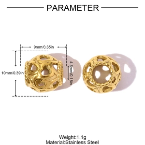 Detail of golden stainless steel hollow heart bead with 4.8mm hole for DIY jewelry
