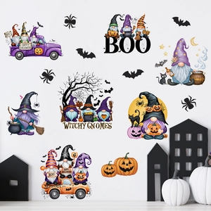 Halloween witch gnomes and pumpkin self-adhesive wall stickers for home holiday decoration