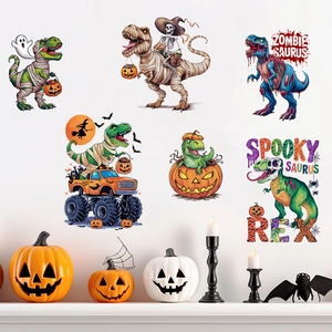Close-up of Halloween dinosaur wall stickers with mummy, zombie, and pumpkin motifs