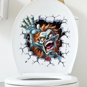 Close-up of a 3D zombie wall sticker applied to a white toilet lid for Halloween decor