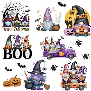 Halloween witch gnomes wall stickers featuring bats, pumpkins, and spooky spiders