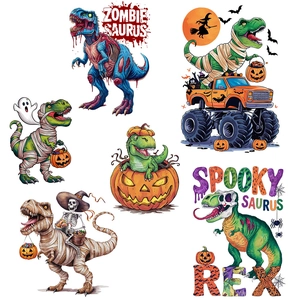 Halloween dinosaur wall stickers featuring mummy T-Rex and zombie car designs