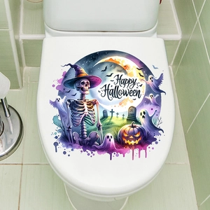Waterproof Halloween toilet sticker featuring wizard skull and glowing pumpkin art