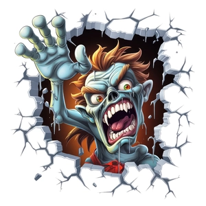3D cracked wall effect sticker featuring a realistic cartoon zombie with sharp fangs