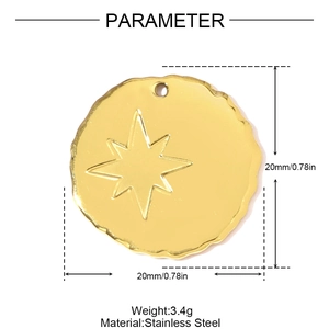 Macro shot of a 20mm gold stainless steel octagonal star pendant with dimensions