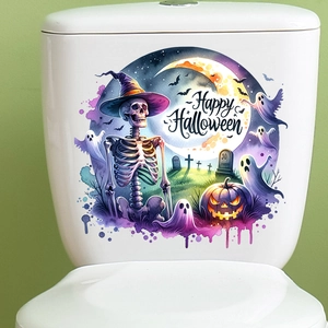 Waterproof Halloween toilet sticker with watercolor skull, pumpkin and ghost illustrations