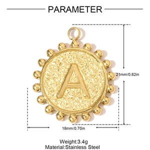 Golden stainless steel letter A pendant with beaded edge and dimensions display