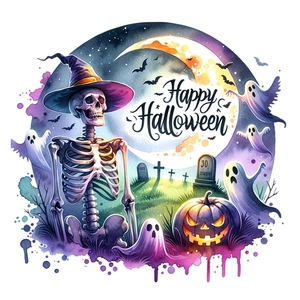 Detail of Halloween toilet sticker featuring a skull with wizard hat, pumpkins and ghosts