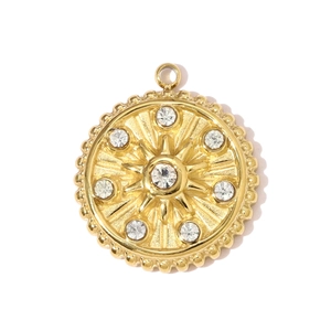 Detailed view of a gold sunburst pendant with sparkling crystals and beaded edge