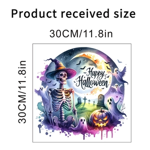 Detail view of Halloween wall stickers featuring skulls, pumpkins, and size 30x30cm
