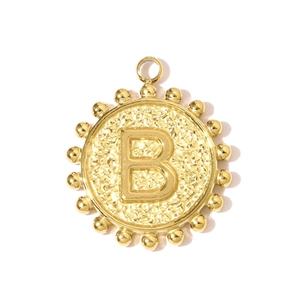 Detailed close-up of square stainless steel gold pendant with letter B in coin style