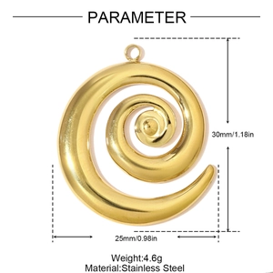 Dettaglio del ciondolo a spirale in acciaio inossidabile dorato con dimensioni e peso