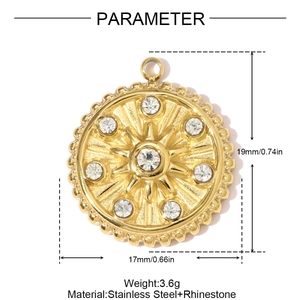 Macro view of stainless steel sunburst pendant with dimensions and rhinestone details